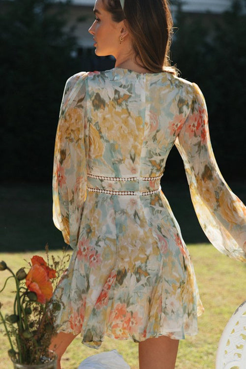 Drune | Strahlend Süß Langarm Blumenmuster Mini Kleid