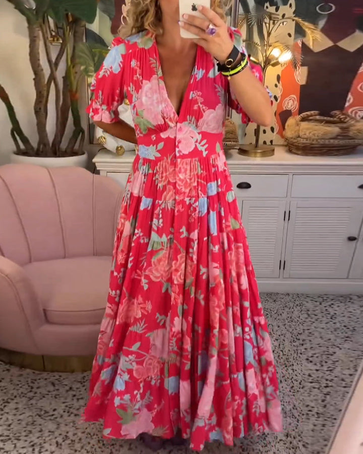 Drune Kleid | Trendiges langes Blumenkleid mit V-Ausschnitt und kurzen Ärmeln für Damen