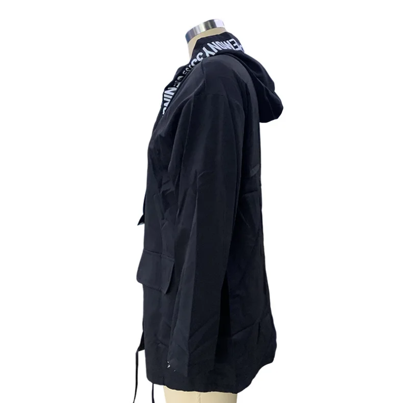 Damen Trenchcoat mit Kapuze und Auffälligem Textdesign