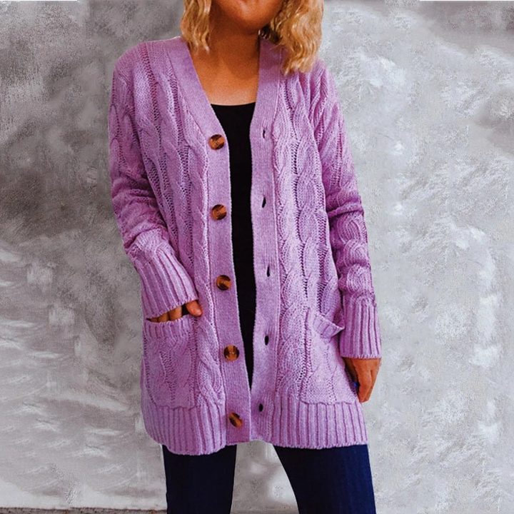 Drune | Wollstrickjacke Damen Mit Zopfmuster Und Holzknöpfen, Lockere