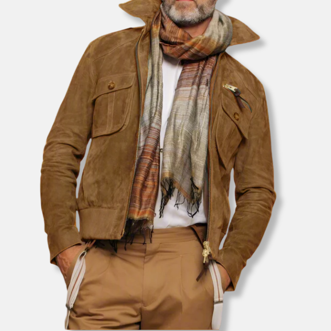 Drune | Maßgeschneiderte Jacke - Kragenjacke in hüftlanger Lederbesatzjacke