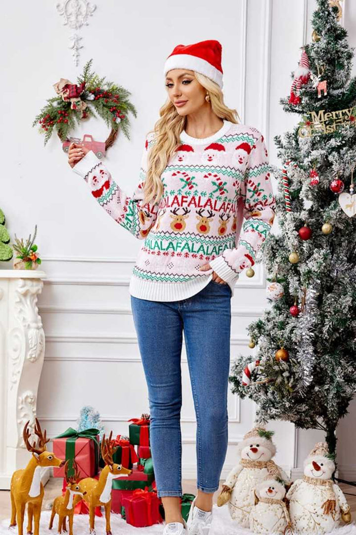 Drune | Locker Sitzende Rundhals Weihnachts Cartoon Strickpullover - Pink