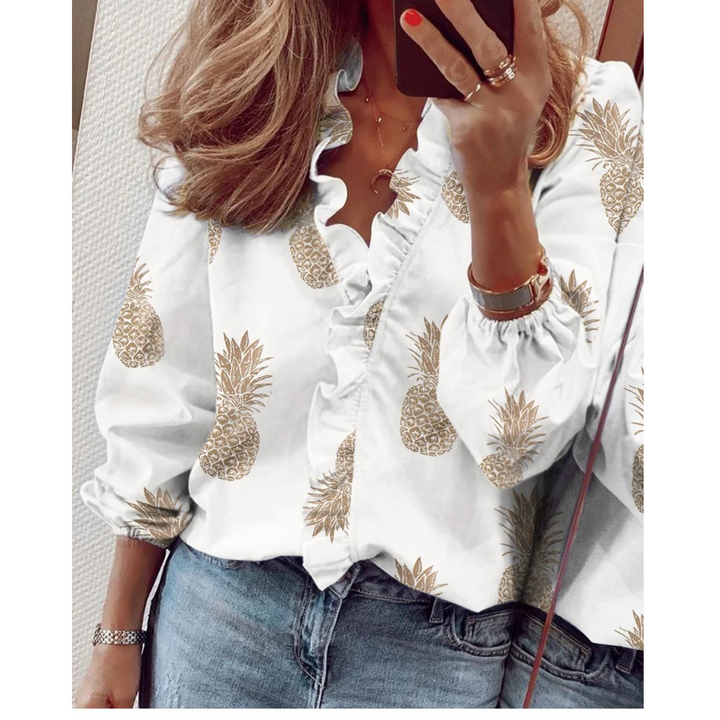 Drune | Chiffon lila Blumenmuster V-Ausschnitt Damenhemd