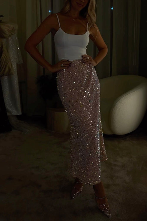 Drune | High Waist Party Pailletten Midi Rock