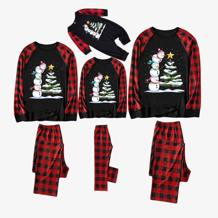 Drune | Rote und schwarze karierte Weihnachts-Pyjama-Sets mit Schneemann- und Weihnachtsbaum-Print