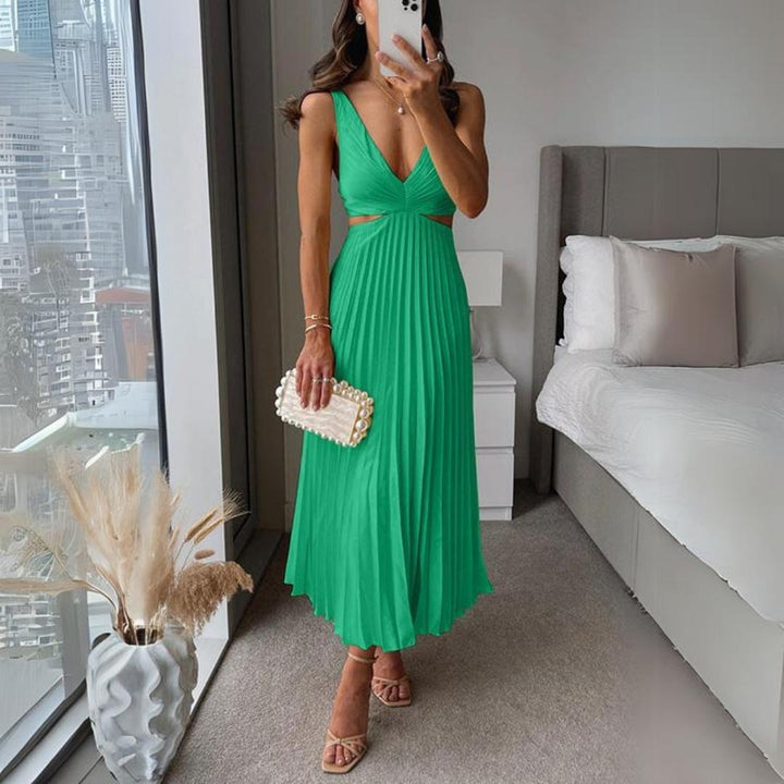 Drune | Midi Kleid Ärmellos V-ausschnitt Twist Front & Cut Out Detail Plissierter Rock