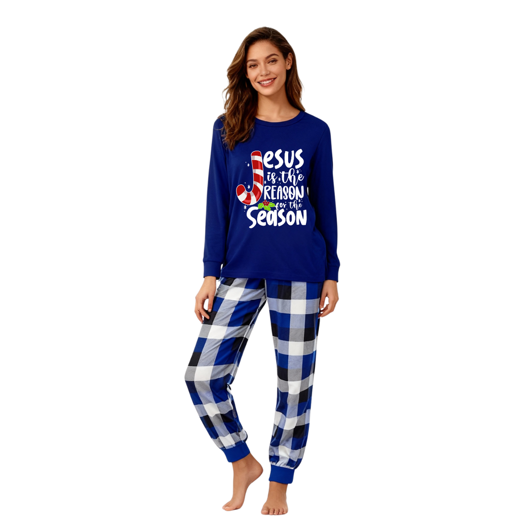 Drune | Weihnachten Jesus Weiße Buchstaben Druck Kontrast Blau Langarm-Shirt mit Blau und Weißen Karotten Hosen Familie Übereinstimmende Pyjamas