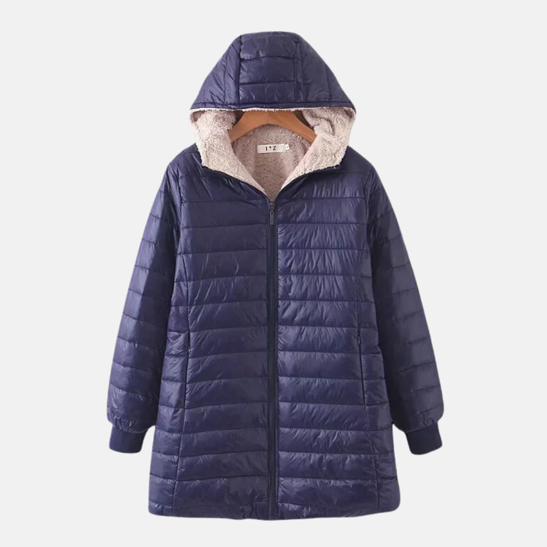 Drune | Damen Steppmantel – Mittellanger, lockerer Schnitt – Fleece-Hood – Wasserabweisend – Reißverschluss vorne