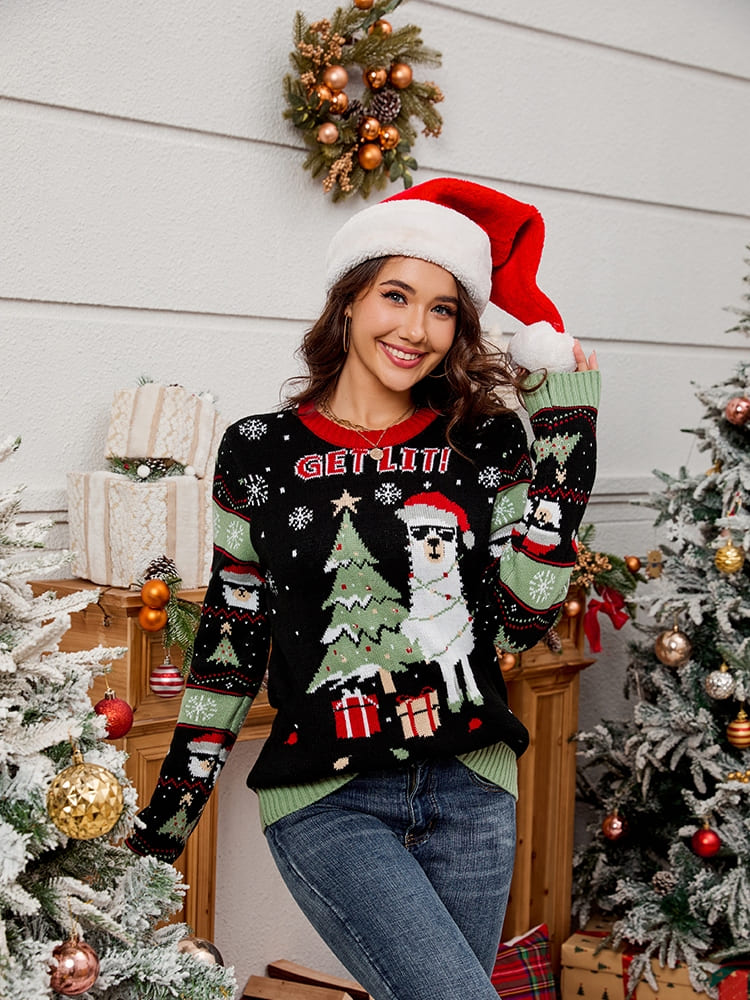 Drune | Rundhals Bestickter Strickpullover – Alpaka & Weihnachtsbaum
