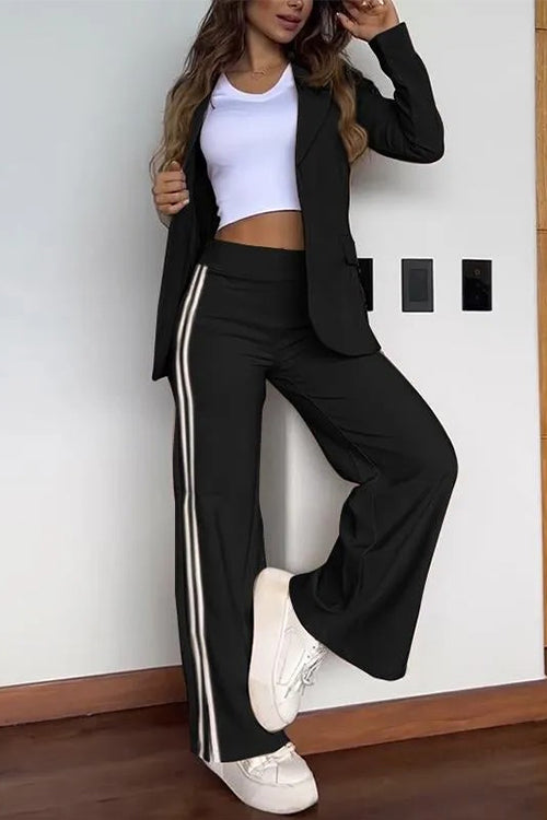 Drune | Rosiedress Farbblock Offene Front Blazer Elastischer Taillen Schlitz Weit Beinform Hose Set