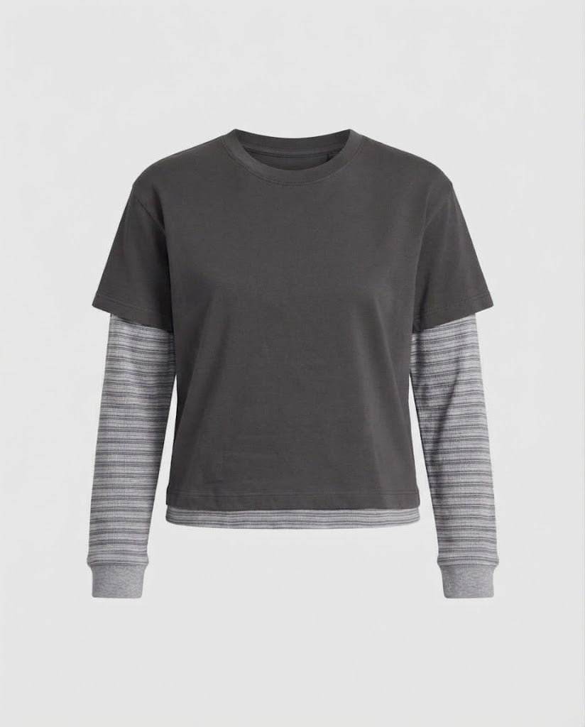 Damen Lagenlook Langarmshirt mit integriertem Kurzarm-Overlay und Streifenärmeln Drune