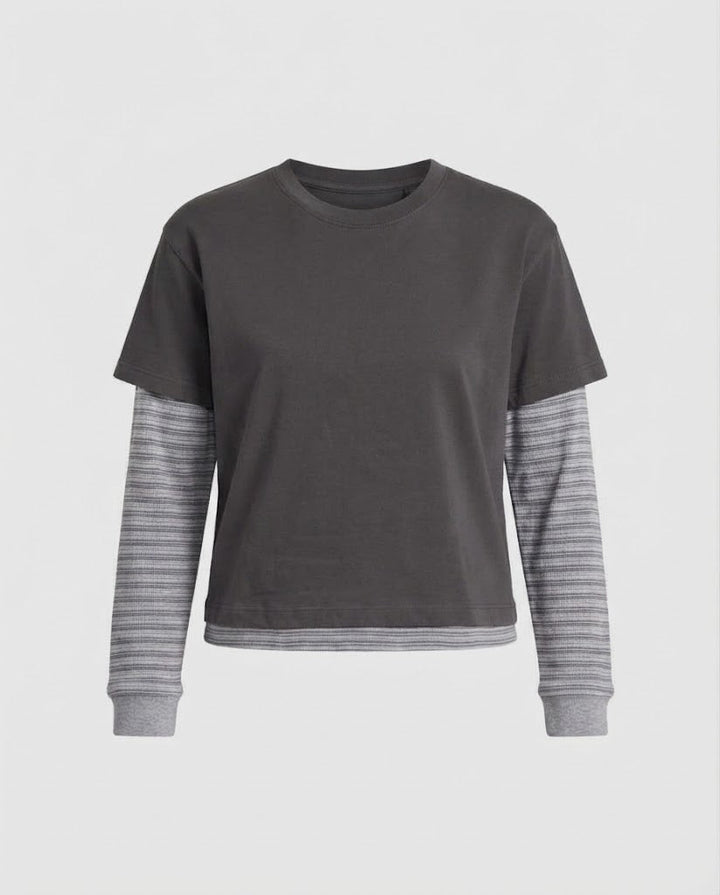 Damen Lagenlook Langarmshirt mit integriertem Kurzarm-Overlay und Streifenärmeln Drune