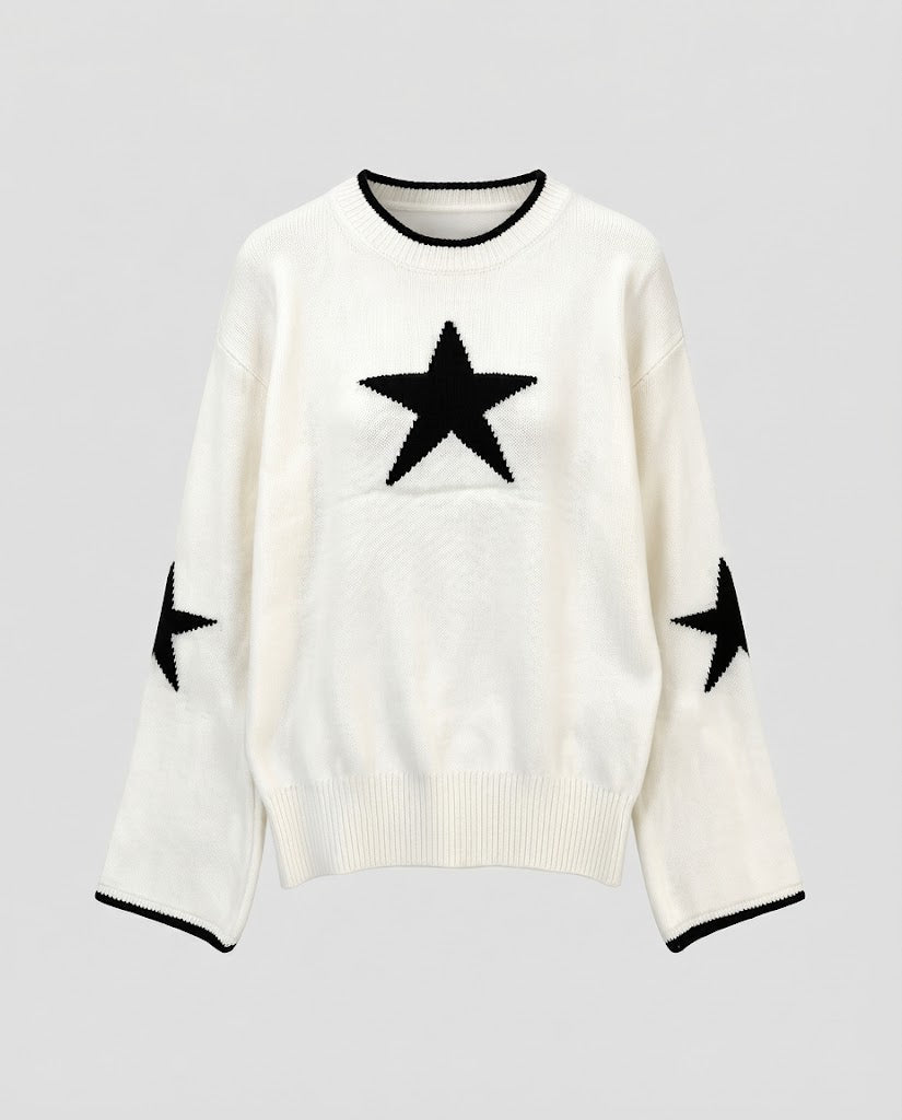 Damen Feinstrickpullover mit Stern‑Jacquard, überschnittener Schulter und elastischem Rippsaum Drune