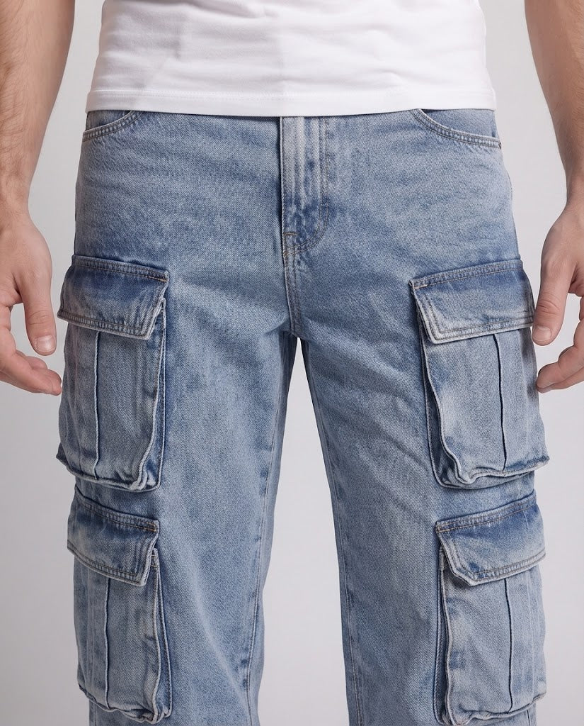 Herren weite Cargo-Denim-Palazzo-Hose mit mehrfachen aufgesetzten Klappentaschen Drune