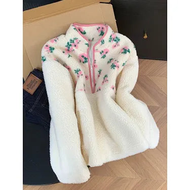 Damen Teddy-Fleece-Pullover mit Stehkragen, floralem Besatz und halbem Reißverschluss Drune