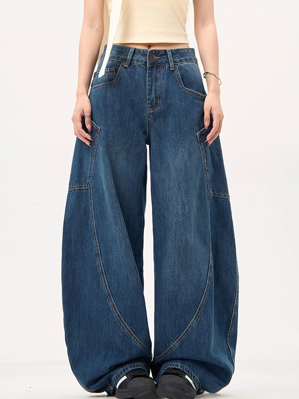 Drune | Blaue Boyfriend Jeans mit Großen Taschen und Weitem Krummschnitt
