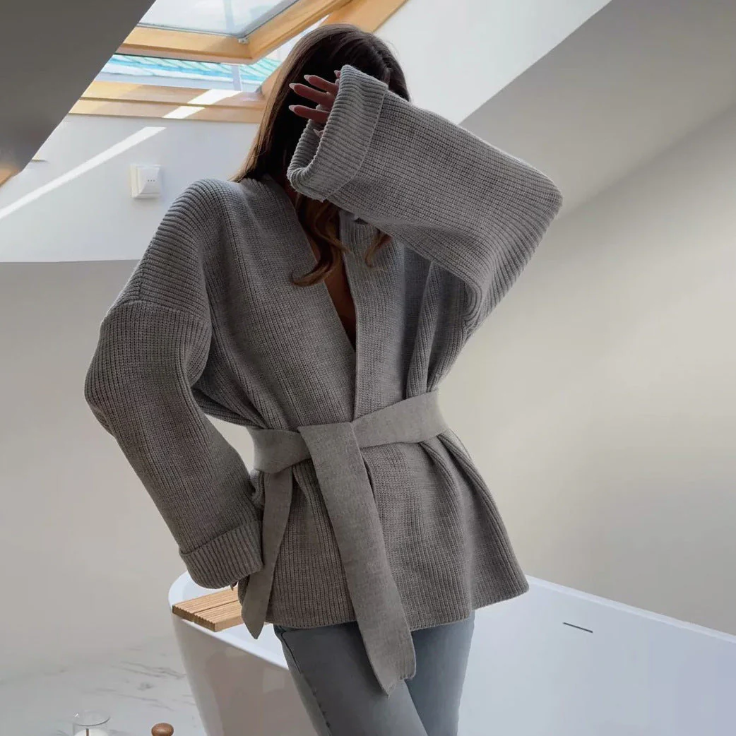 Drune | Cozy ribbed knit wrap cardigan with tie belt
