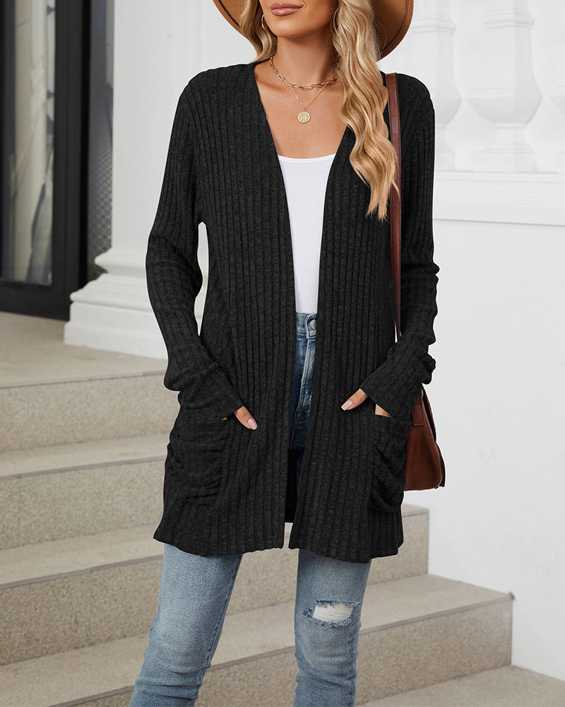 Drune | Lässiger Einfarbiger Cardigan mit Langen Ärmeln und Tasche