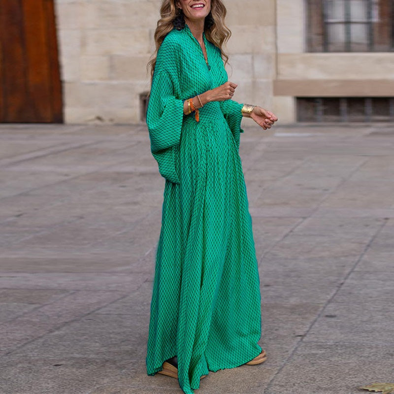 Drune | Langarm V-Ausschnitt Kleid Lockere Passform Taillierte Silhouette Fließender Saum Eleganter Stil