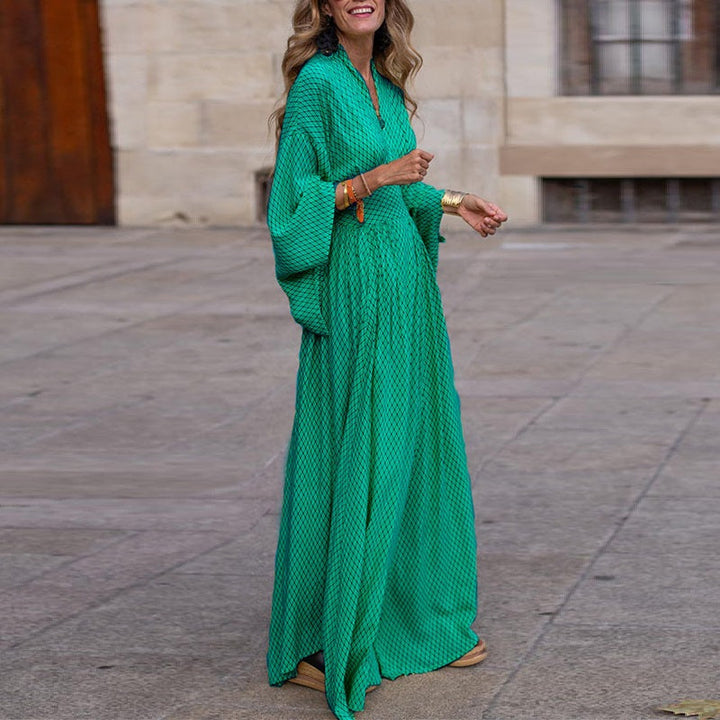 Drune | Langarm V-Ausschnitt Kleid Lockere Passform Taillierte Silhouette Fließender Saum Eleganter Stil
