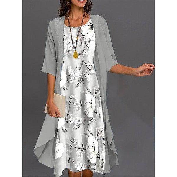 Drune | Graues Bedrucktes Midikleid mit Oberbekleidung