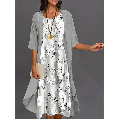 Drune | Graues Bedrucktes Midikleid mit Oberbekleidung