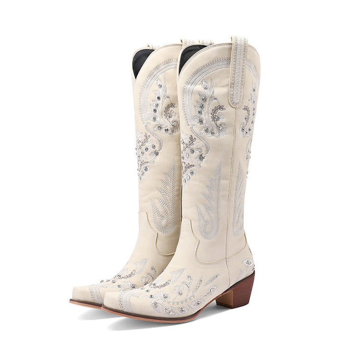 Drune | Bestickte Western Denim Retro Damen Knielange Stiefel