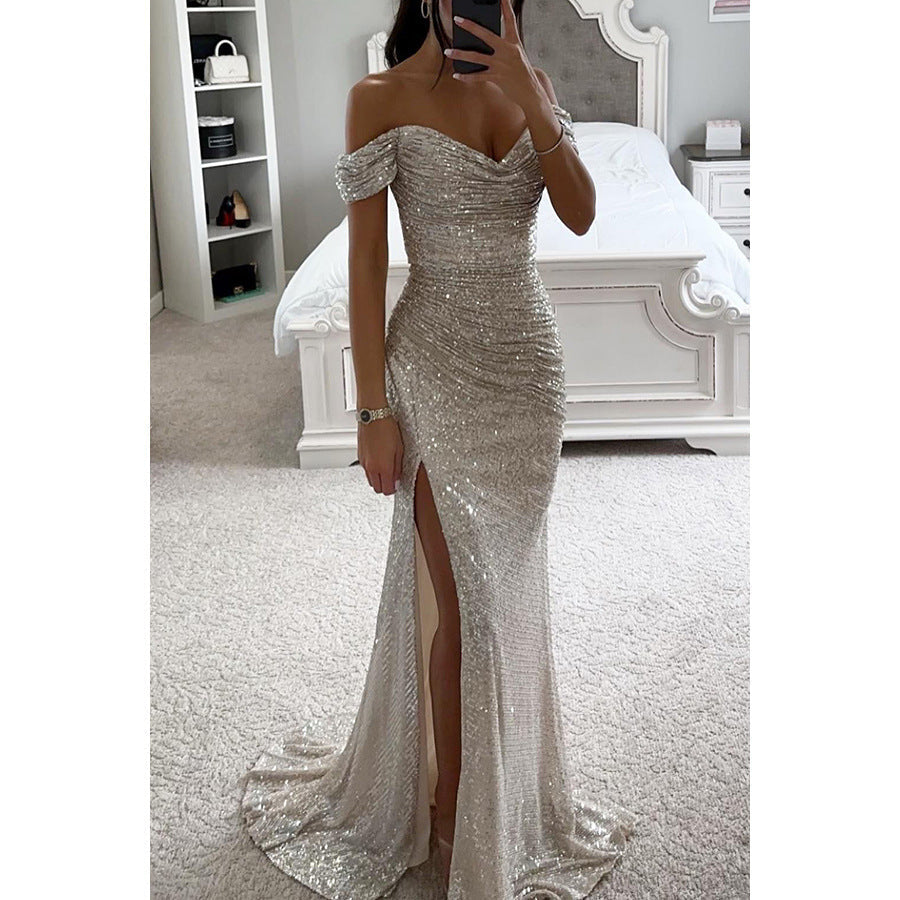 Glitzerndes Damen Abendkleid Schulterfreies Maxikleid mit Schlitz für Hochzeit & Fest | Drune