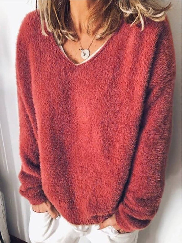 Drune - V-Ausschnitt Kuscheliger Plüsch-Pullover