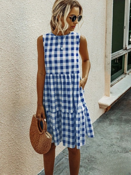 Drune | Mode, Locker Geschnittenes Damenkleid mit Rundhalsausschnitt, Kariert Pastelmittelrock