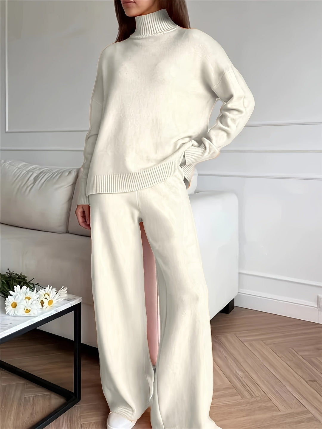 Drune | Einfarbiger Rollkragenpullover Und Strickhosen Outfit Set Für Damen - Perfekt für lässige Tage