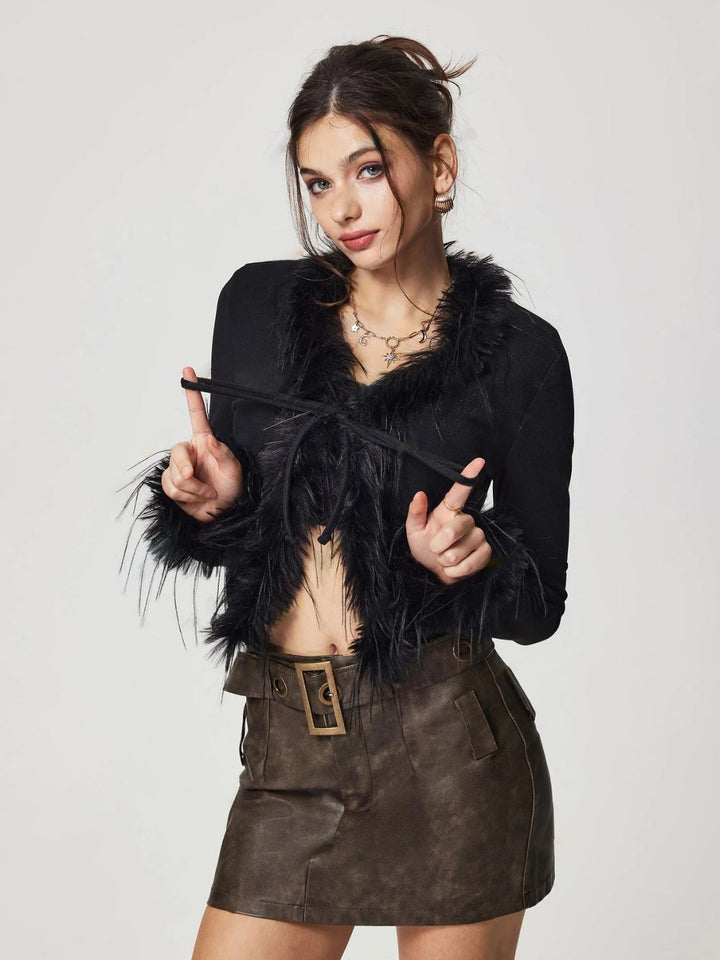 Drune | Gebunden Fuzzy Trim Langarm Strickjacke