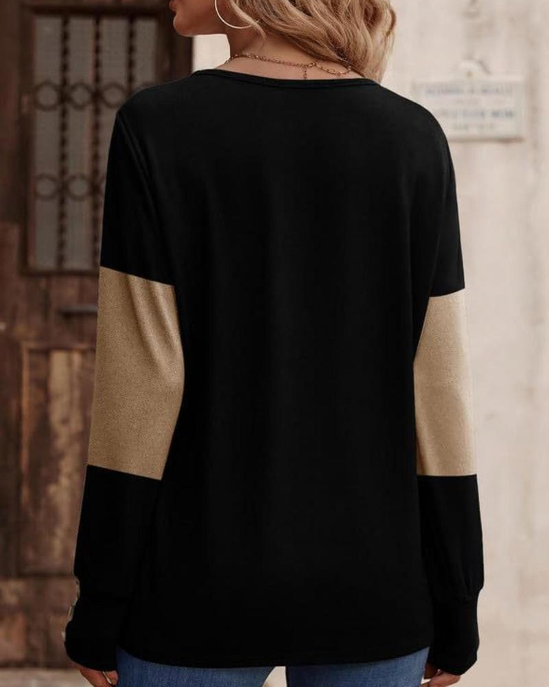 Drune | Shirt Damen Colorblock Druck Knopf Deko Fallende Schulter