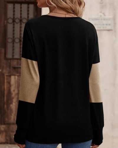 Drune | Shirt Damen Colorblock Druck Knopf Deko Fallende Schulter