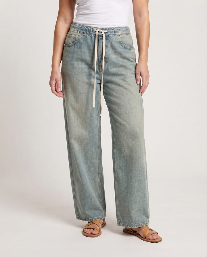 Damen Extraweite Denim-Hose mit lässigem Tunnelzugbund und gerolltem Saum Drune