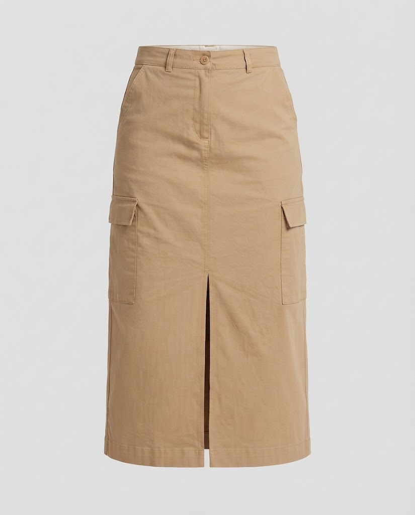Damen Hochtaillierter Cargo‑Midirock mit Frontschlitz und Aufgesetzten Taschen Drune