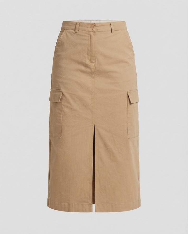 Damen Hochtaillierter Cargo‑Midirock mit Frontschlitz und Aufgesetzten Taschen Drune