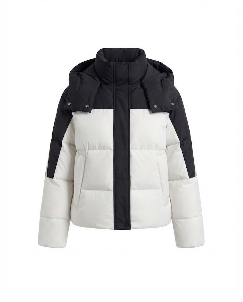 Damen kurze zweifarbige gesteppte Kurzjacke mit abnehmbarem Kragenbesatz und sportlichen Ärmelstreifen