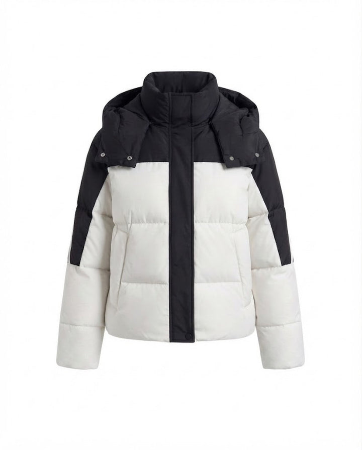 Damen kurze zweifarbige gesteppte Kurzjacke mit abnehmbarem Kragenbesatz und sportlichen Ärmelstreifen