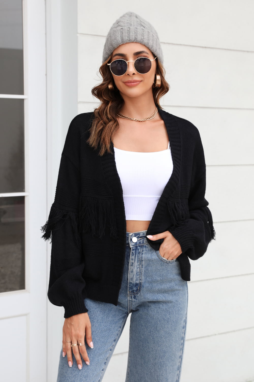 Drune | Fransenbesatz Offene Vorder-Cardigan
