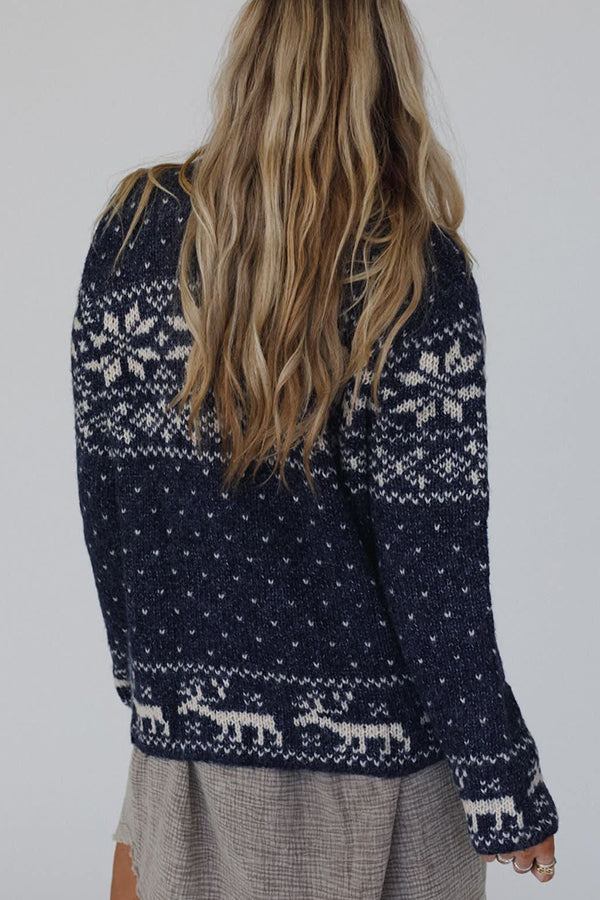 Drune | Weihnachts-Schneeflocken-Elch-Reißverschluss Langarmpullover
