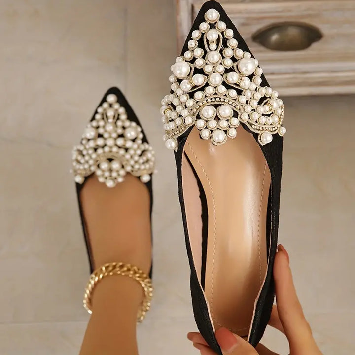 Drune | Elegante Braut Ballerinas mit Spitze und Kunstperlen