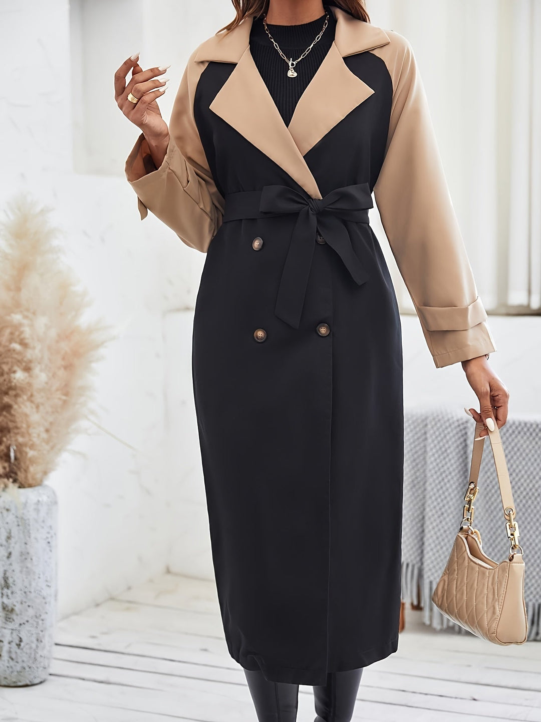 Drune | Trenchcoat mit Farbblock, Knopfdetail und maschinenwaschbarem Design für Damen - Ideal für den Alltag