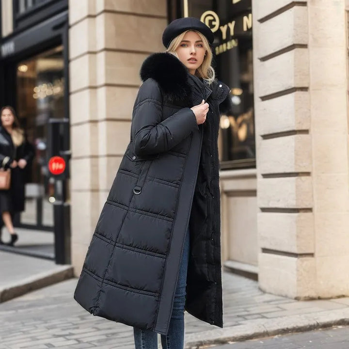 Drune | Damen lange Winterjacke mit Pelzmütze und Gürtel