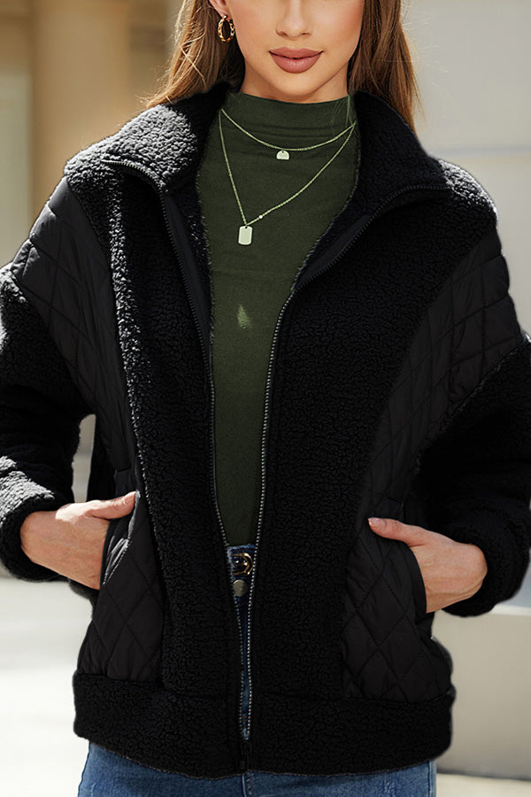 Drune | Langarm-Cardigan mit Reißverschluss aus Plüsch-Patchwork Damenjacke