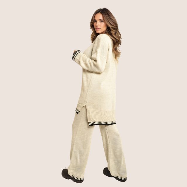 Drune | Schickes Strick-Loungewear-Set mit Kontrastbesatz