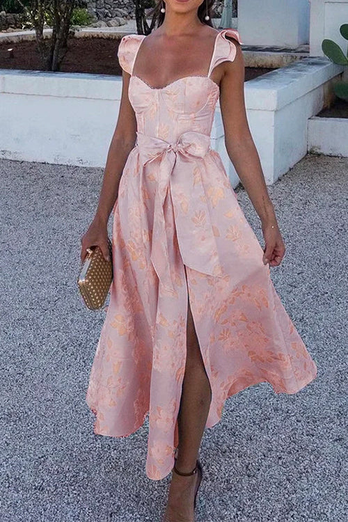 Drune | Rosiedress Rüschenschulter Schleife Knoten Taille Schlitz Bedrucktes Vintage Party Kleid