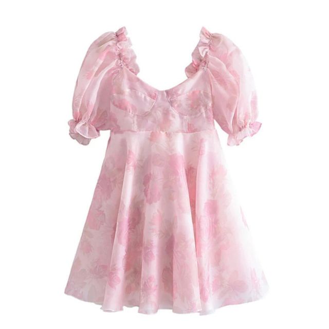 Drune | Organza-Kleid mit Blumenmuster und Puffärmeln sowie Herzausschnitt