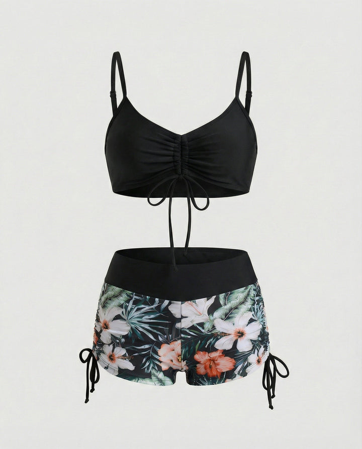 Drune | 2 Teiliges Bikini mit Grünem Blumenmuster und Hoher Taille