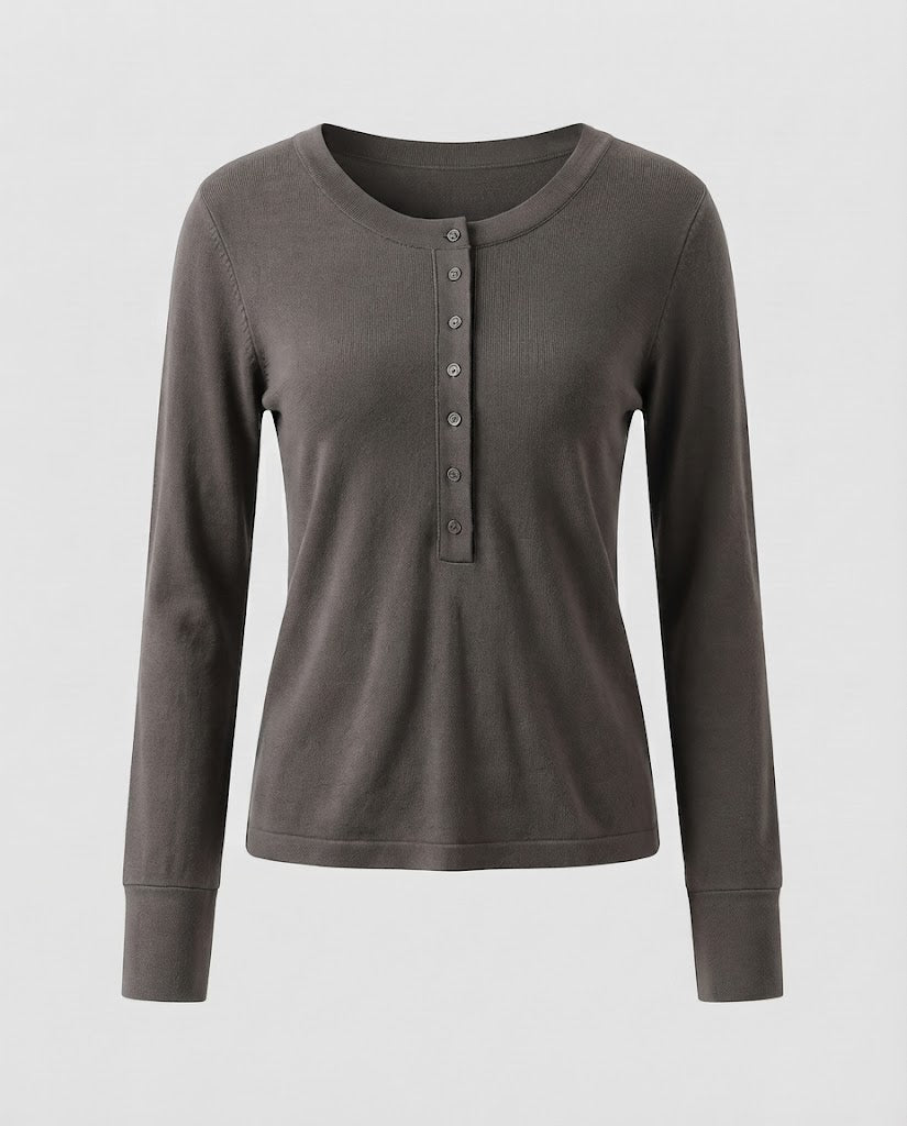 Damen Feines Langarm-Henley aus Feinstrick mit knöpfbarer Mittelblende und schmaler Passform Drune